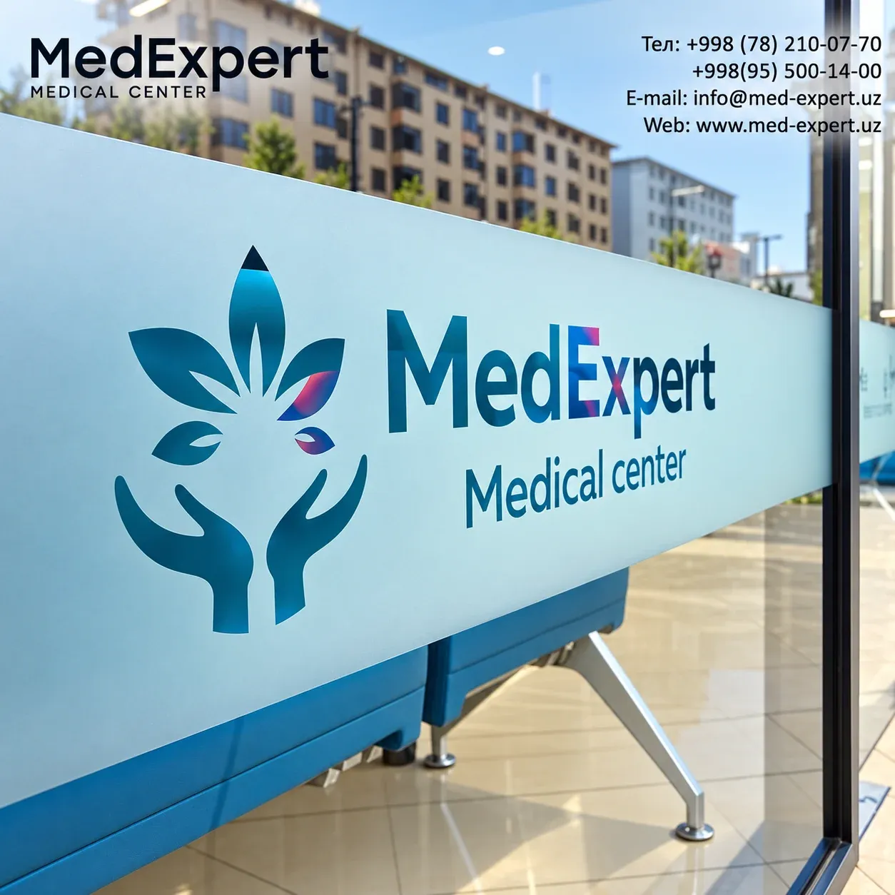 MedExpert logotipi tushirilgan bino peshtoqi